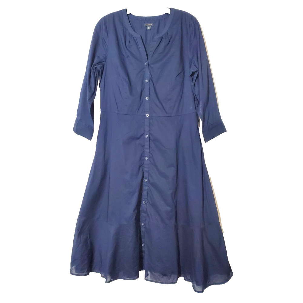 Talbots Womens 6 Shirt Dress Crisp Poplin 100% Cotton Navy Blue Midi Button Down